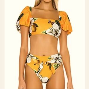Agua Bendita Calista Orange Floral Puff Sleeve two piece bathing suit 👙